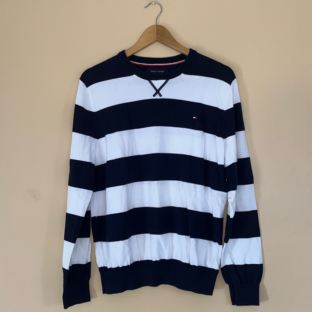 Tommy Hilfiger White Blue Striped Casual Pullover Sweater